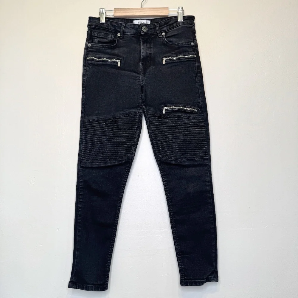 MNG | Faded Black Wash Zipper Details Relaxed Slim Moto Biker Jeans - Picture 4 of 14